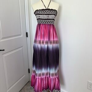 VTG Boston Proper Women's Silk Cotton Maxi Dress Sz 8Tie Dye Beach Summer Halter